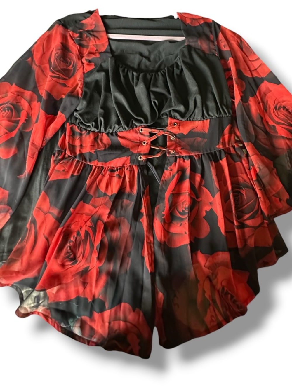Red Rose 1X Print Lace-Up Women's Blouse Flare Sleeve Corset Top SHEIN Curve